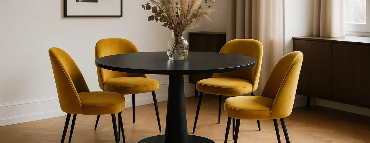Een ronde zwarte eettafel met vier mosterdgele fluwelen stoelen staat op een visgraat houten vloer. Wat maakt oker gele eetkamerstoelen opvallend is hun warme uitstraling, perfect met een glasvaas en moderne abstracte kunst aan de muur.