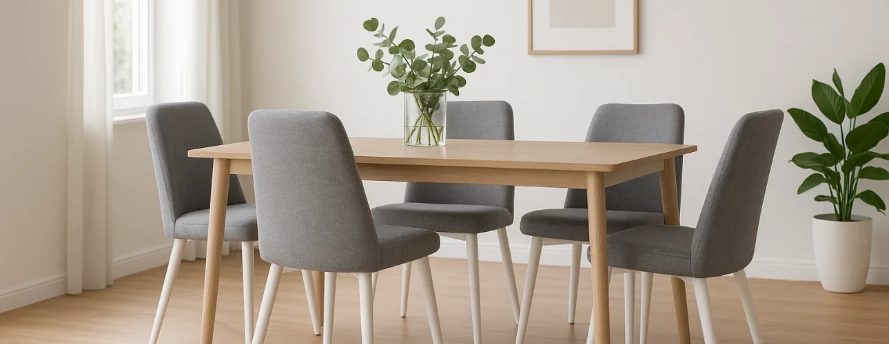 Een moderne eetkamer met een houten tafel, vier grijze stoelen met witte poten - perfect voor diegenen die zich afvragen "Hoe stijl je grijze eetkamerstoelen" -, een plant in pot, een witte hanglamp, een leeg fotolijstje en een groene plant in de hoek.