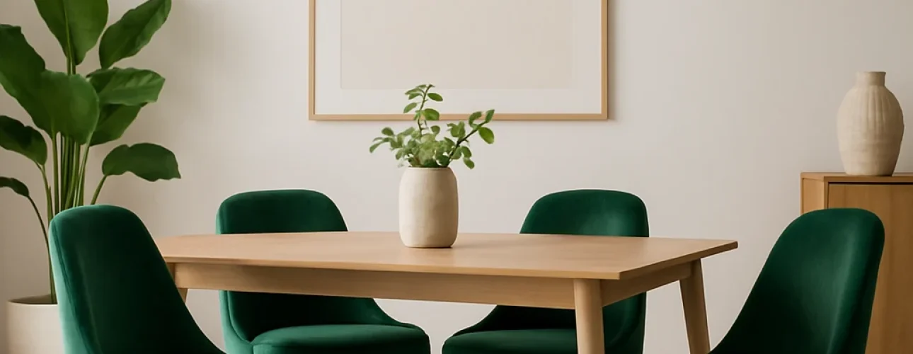 Een moderne eetkamer met een houten tafel, vier groene fluwelen stoelen - perfect voor wie zich afvraagt hoe stijl je groene eetkamerstoelen zijn -, een middenstuk van potplanten, een geweven hanglamp, grote ingelijste muurkunst, een hoekplant en neutrale decoraccenten.