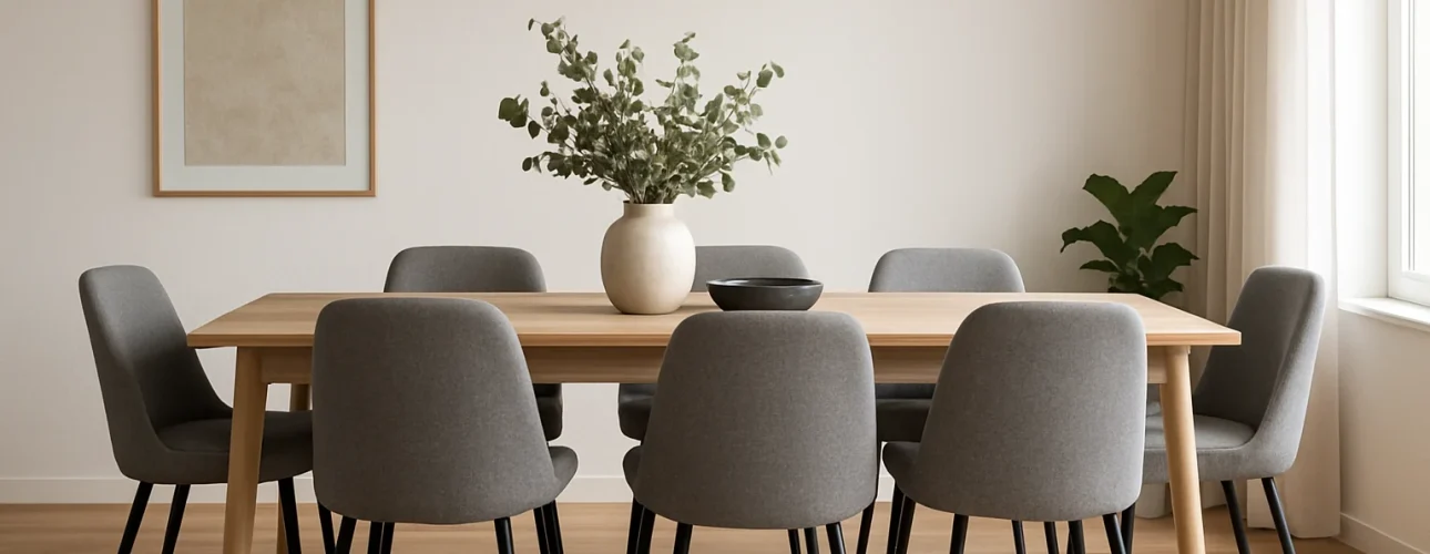 Een minimale eetkamer met een houten tafel, acht grijs gestoffeerde stoelen - perfect voor inspiratie over hoe stijl je moeiteloos 6 grijze stoelen - plus een vaas met groene takken, zwarte schaal, lichthouten vloeren, ingelijste kunst en een potplant bij het raam.