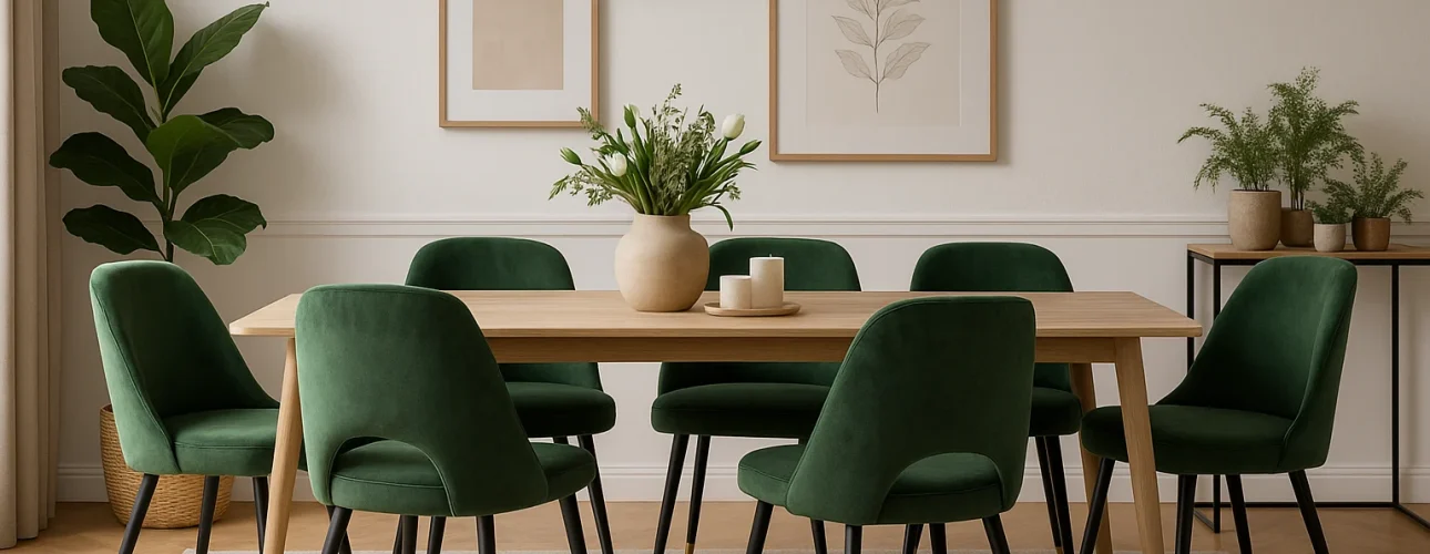 Een moderne eetkamer met een lichte houten tafel met een beige vaas met groen, omringd door 6 groene fluwelen stoelen. Hoe stijl je moeiteloos 6 groene stoelen? Minimalistische muurkunst, een zwarte hanglamp, planten en een neutrale inrichting maken de ruimte compleet.
