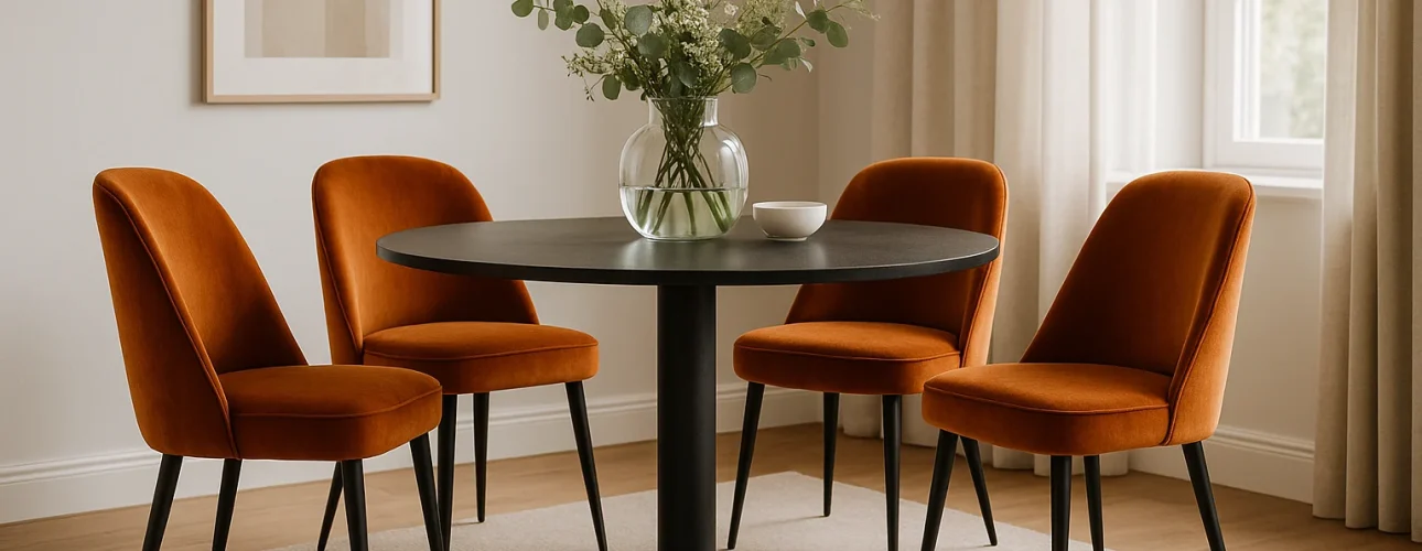 Een ronde zwarte eettafel met een glazen vaas met groen wordt omringd door vier oranje fluwelen stoelen - de perfecte inspiratie als je je afvraagt: hoe kies je de juiste oranje eetkamerstoelen? Dit alles op een beige vloerkleed in een lichte, minimalistische kamer.