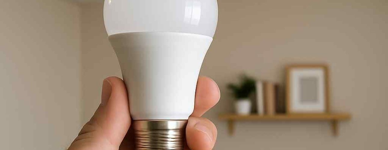 Hand houdt witte LED-lamp vast, binnenshuis. Zachte belichting, neutrale kleuren. Plafondlamp en decoratie op de achtergrond.