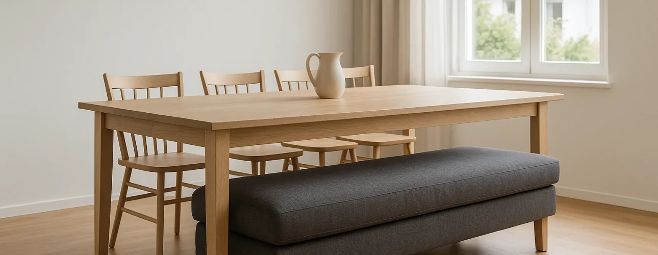 Een minimalistische eetkamer heeft een houten tafel, vier houten stoelen en een grijs gestoffeerde bank. Het licht valt naar binnen door beige gordijnen en accentueert een keramische kruik, die de elegantie laat zien van wat het verschil is tussen een salontafel en een bijzettafel.