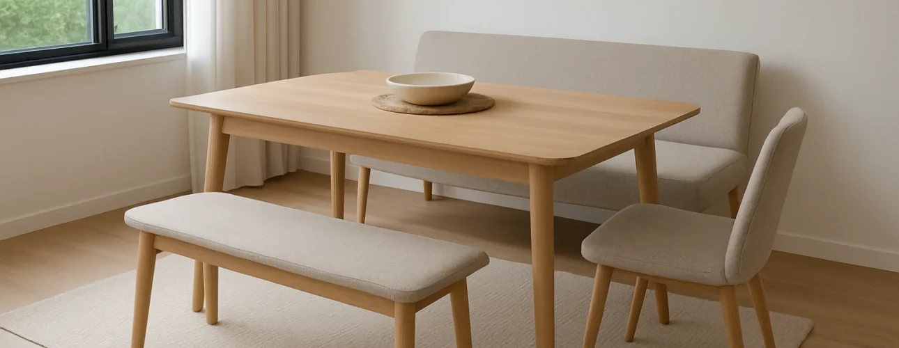 Een minimalistische eethoek met een lichte houten tafel, een bank, een stoel met kussens en een kleine sofa op een beige vloerkleed in de buurt van dunne gordijnen. In tegenstelling tot een salontafel of bijzettafel is deze opstelling meer gericht op dineren dan op loungen.