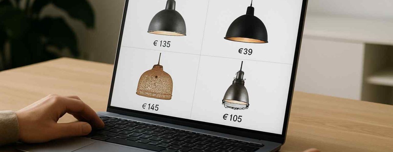 Laptop toont online hanglampen vergelijking, prijzen variëren. Houten tafel, zachte belichting. Handen typen, comfort en design voor woonkamer.
