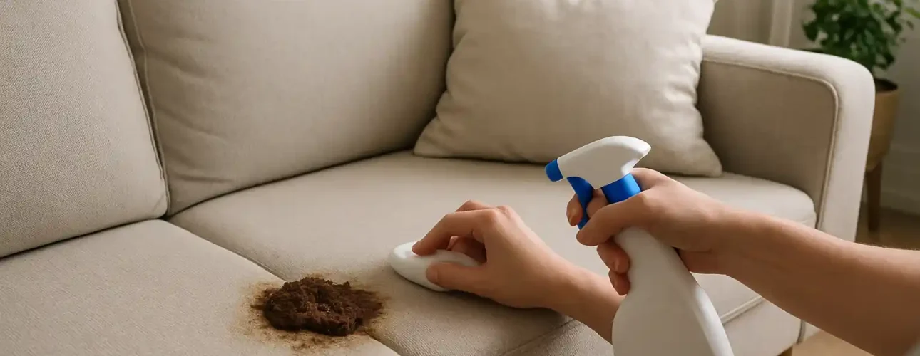 Een persoon gebruikt een spuitfles en een borstel om een bruine vlek op een lichtgekleurde stoffen bank in een woonkamer schoon te maken, en vraagt zich af: hoe verwijder ik poepvlekken effectief?.