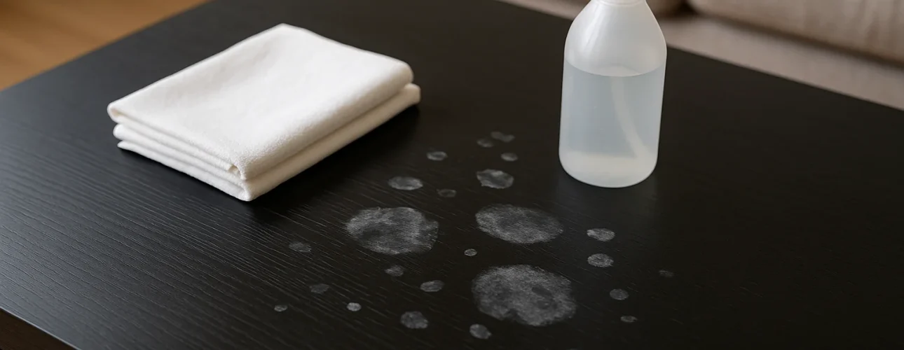 Een zwarte tafel met witte pootafdrukken, een witte spuitfles en gevouwen witte doeken erop - de perfecte benodigdheden voor wie zich afvraagt "Hoe verwijder ik witte vlekken?" en om oppervlakken brandschoon te houden.