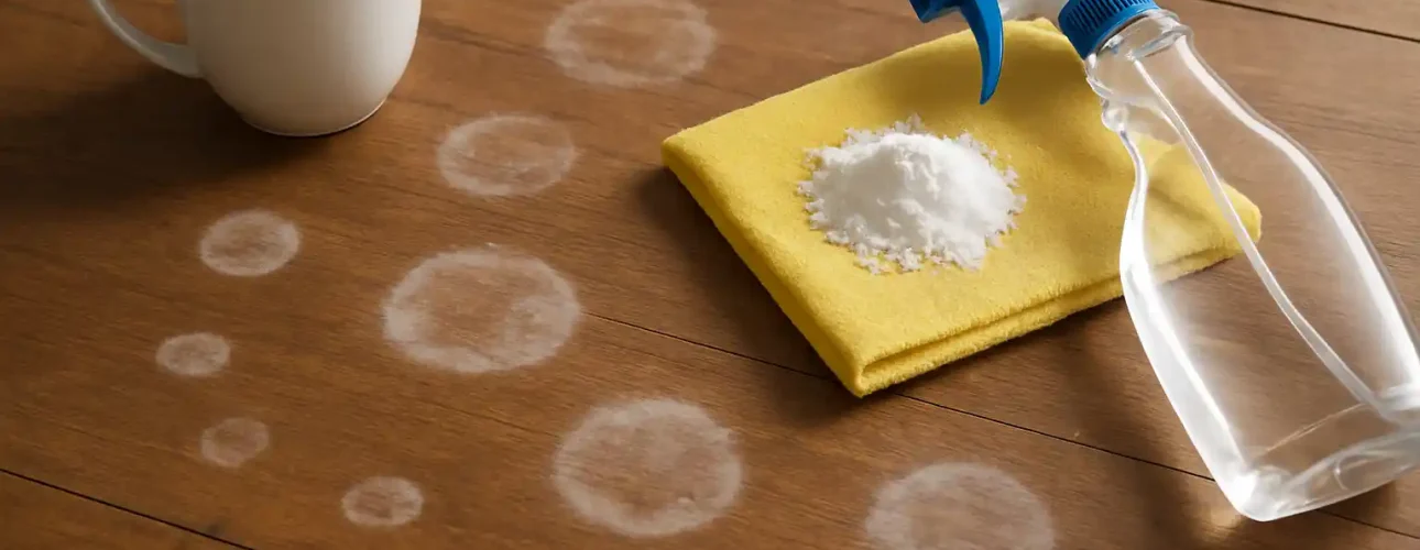 Een koffiekopje op een houten tafel met meerdere witte waterkringen. Vlakbij liggen een gele doek met zuiveringszout, een heldere spuitfles en nog meer ringen - een hint naar de klassieke vraag: hoe verwijder ik witte vlekken op houten oppervlakken?.