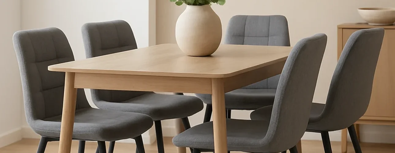 Hoe vind je stijlvolle en toch goedkope meubels? Deze lichthouten eettafel met vier grijze stoelen met kussens op een beige vloerkleed biedt een elegante look. Een ronde witte vaas met groene bladertakken maakt de minimale, neutraal getinte kamer helemaal af.