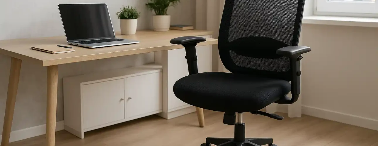 Een modern kantoor aan huis heeft een ergonomische stoel van zwart gaas-waarbij ik me op of mijn bureaustoel goed voel-naast een houten bureau met een laptop, potlood en potplanten, allemaal badend in het natuurlijke licht van het nabijgelegen raam.