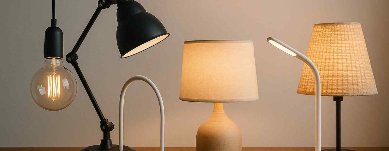 Diverse lampen op houten tafel. Zwart, wit en beige tinten. Design lamp met gloeilamp, verstelbare bureaulamp en lampen met stoffen kap.