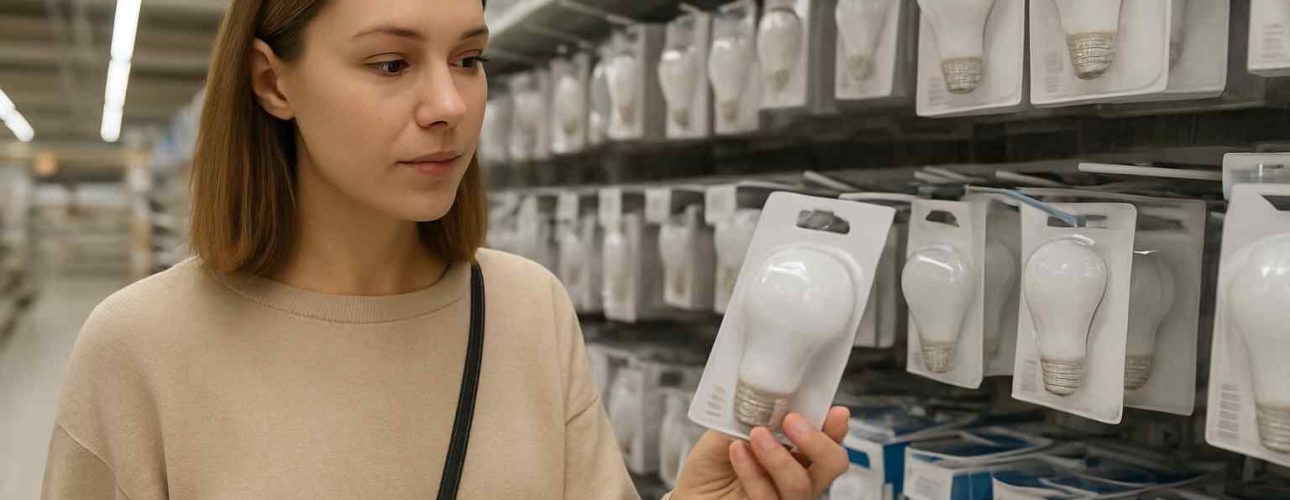 Vrouw bekijkt een witte lamp in verpakking in een winkel. Heldere verlichting, focus op de lamp en de vrouw. Achtergrond met rijen lampen. Design.