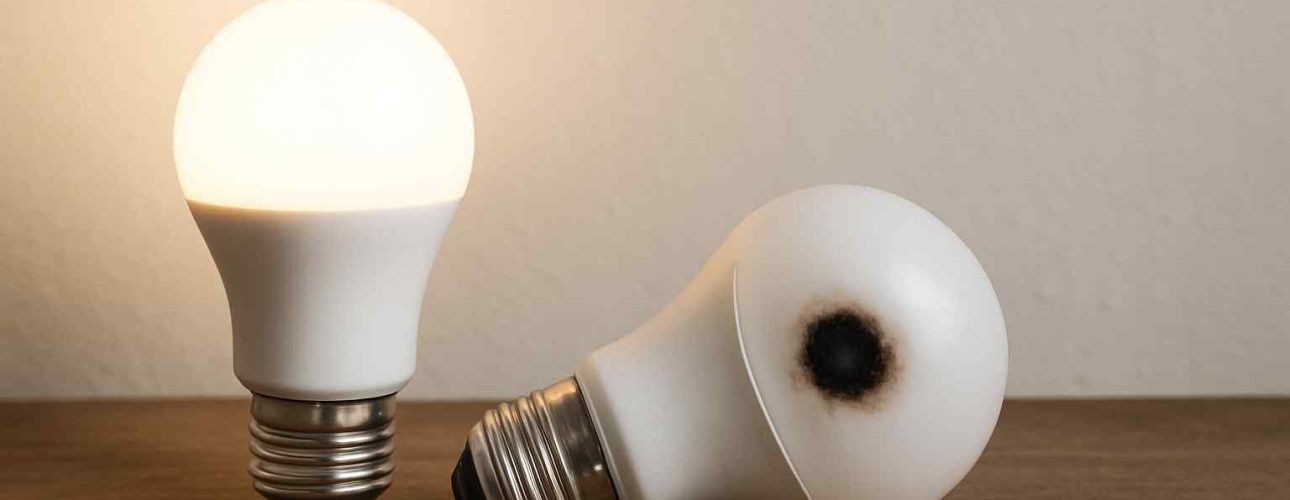 Een brandende en een kapotte LED-lamp op een houten oppervlak. De kapotte lamp heeft een zwarte brandplek. Zachte belichting en neutrale achtergrond.