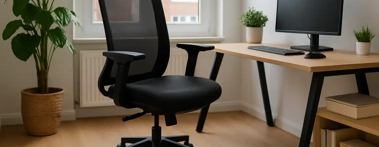 Een modern thuiskantoor met een zwart gazen bureaustoel goed is, een houten bureau met een computermonitor, toetsenbord, muis, kleine potplanten en een grote potplant bij het raam, alles op een lichte houten vloer.