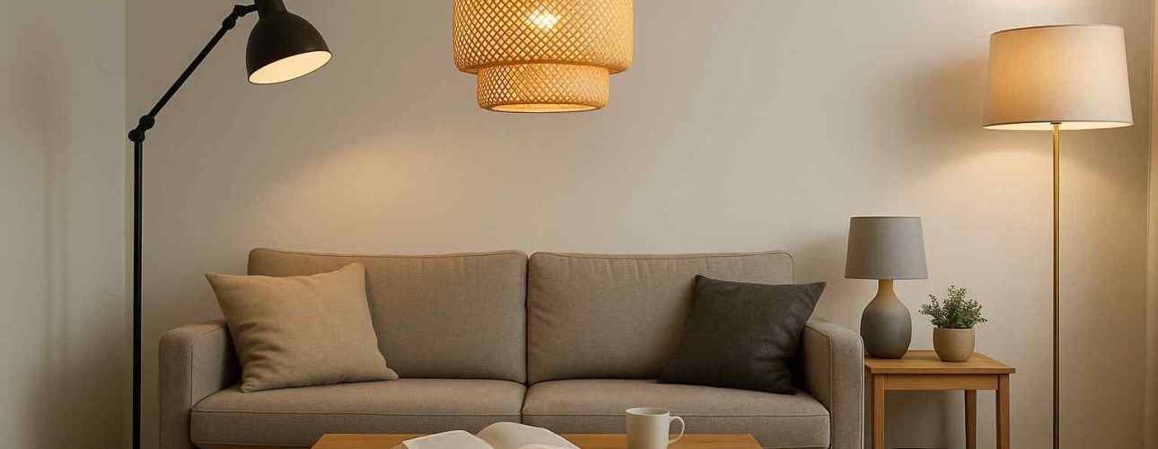 Sfeervolle woonkamer met een comfort zitbank, houten salontafel met boek en mok, en diverse lampen waaronder een rotan hanglamp.