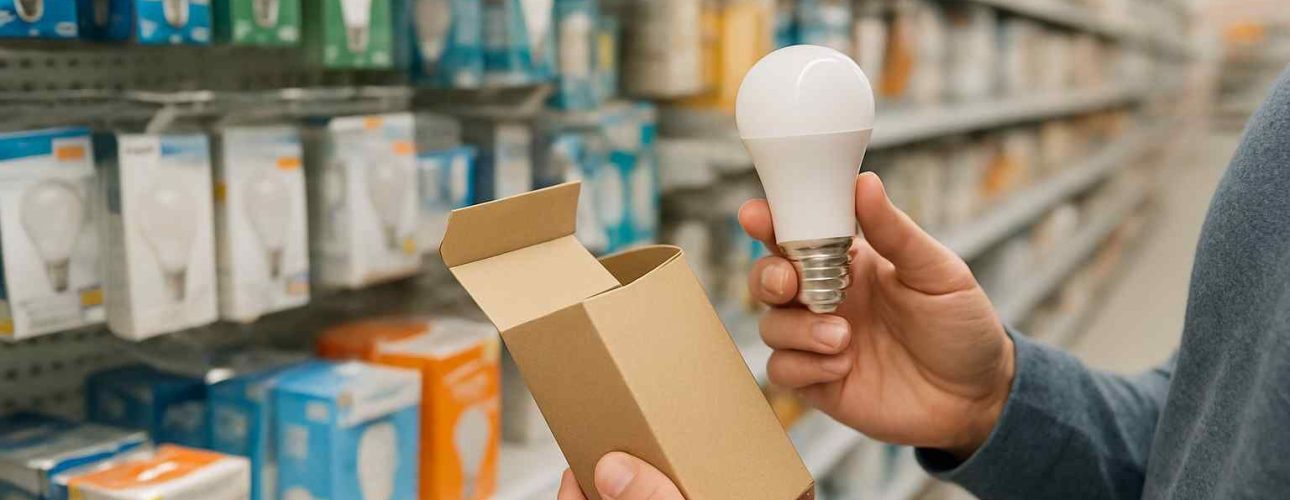 Een persoon bekijkt een LED-lamp in een winkel. De lamp wordt vergeleken met de verpakking. Achtergrond: schappen vol lampen. Design voor woonkamer.