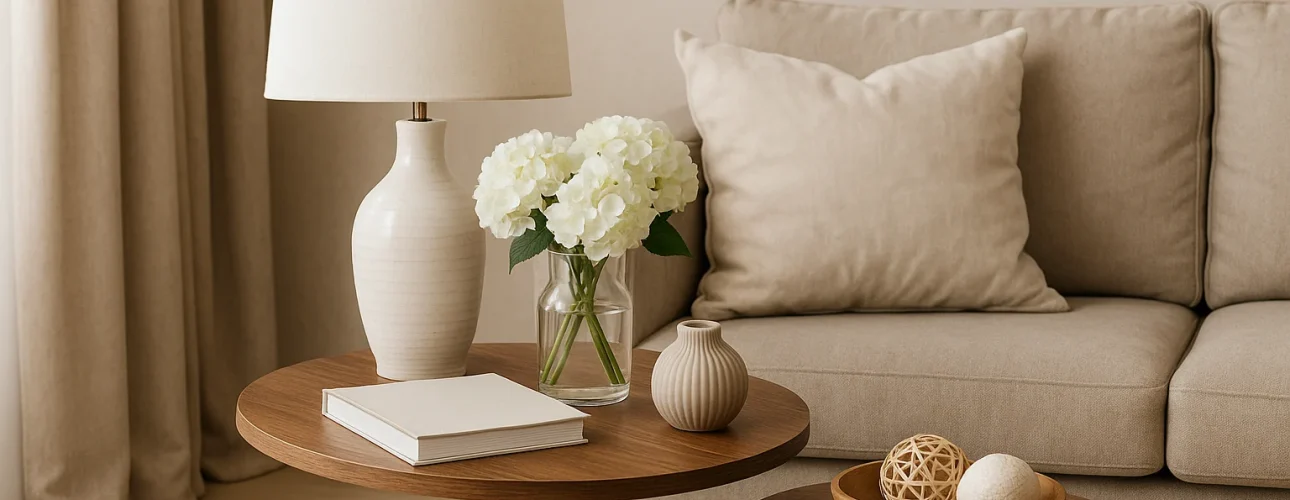 Een gezellige woonkamer met een beige bank, crèmekleurige kussens, ronde houten tafels - een perfect voorbeeld van de functie van een bijzettafel in huis - plus een witte lamp, vazen, boek en decoratieve ballen in een houten schaal. Overal lichte, neutrale tinten.