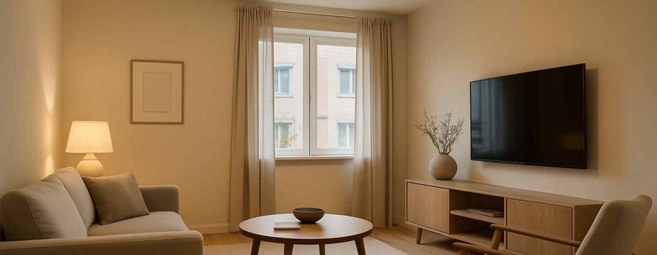 Lichte woonkamer met beige zitbank, houten tafel en tv-meubel. Zachte kleuren en natuurlijk licht voor een comfortabel design.