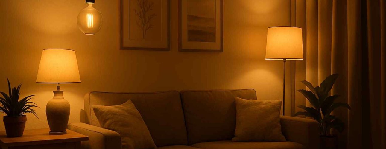 Gezellige woonkamer met zachte verlichting. Een comfortabele zitbank, houten tafels, lampen en decoratieve elementen zorgen voor sfeer.