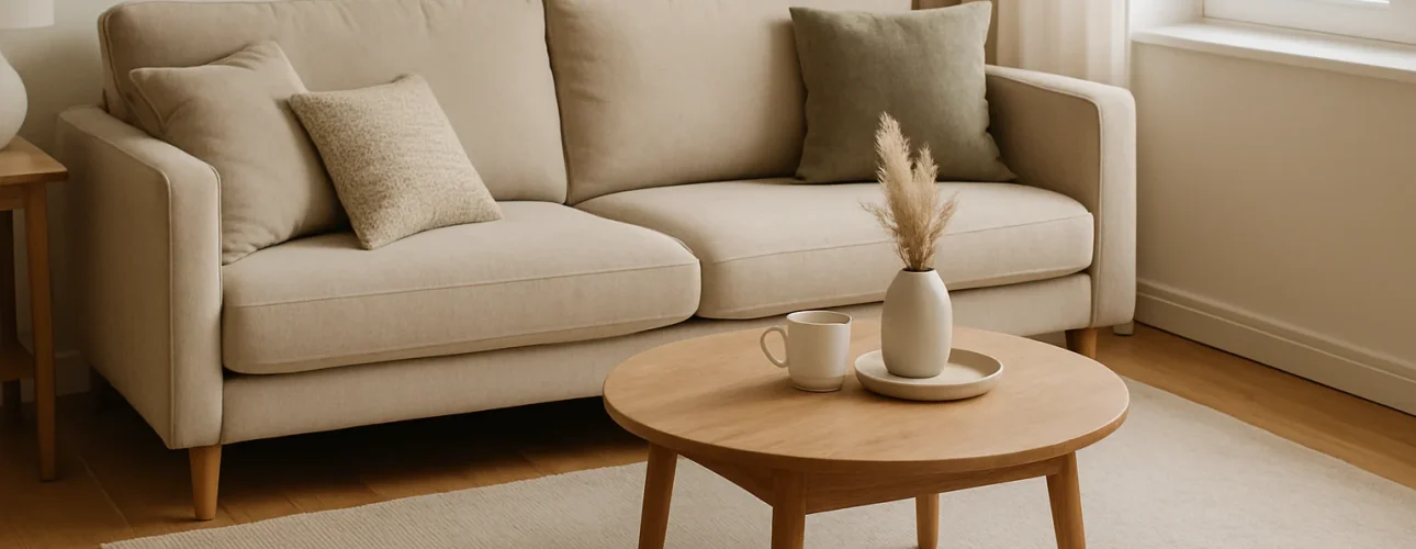 Een moderne, minimalistische woonkamer met een beige bank en neutrale kussens illustreert hoeveel afstand er tussen meubels hoort te zijn, met een lichthouten salontafel op een crèmekleurig vloerkleed bij een groot raam met transparante gordijnen.