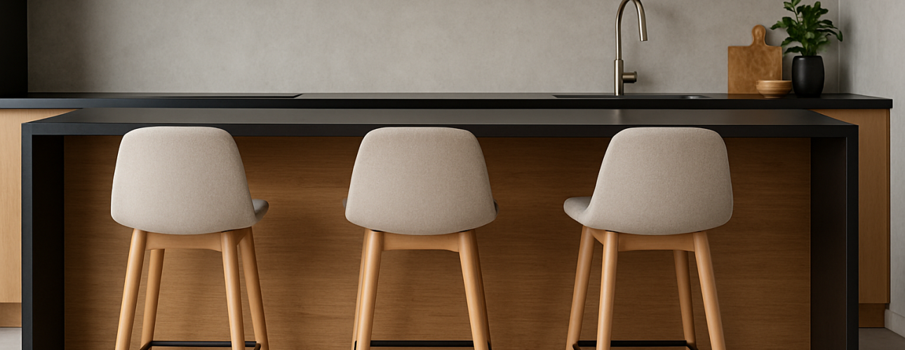 Een moderne keuken met een houten eiland, drie beige barkrukken met houten poten en veel beenruimte, een zwart aanrechtblad, een ingebouwde spoelbak met een strakke kraan en minimalistische zwarte kastjes erboven. Een klein plantje siert het aanrecht.