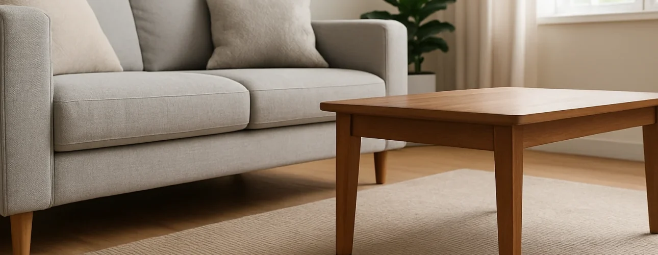 Een moderne woonkamer met een lichtgrijze bank, beige kussens, een houten salontafel op een vloerkleed met structuur, een potplant en een groot raam; een dubbele pijl geeft aan hoeveel beenruimte er tussen de tafel en de bank moet zijn.