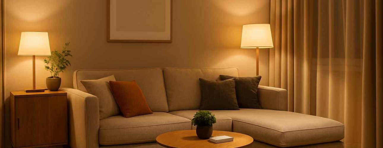 Sfeervolle woonkamer met beige design zitbank, houten bijzettafel en ronde salontafel. Warm licht van de lampen en gordijnen.