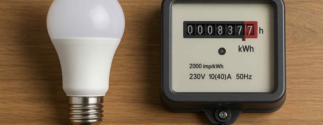 Close-up van een witte LED-lamp en een grijze kWh-meter op een houten ondergrond. De meter toont 0008377 kWh. Neutrale belichting.