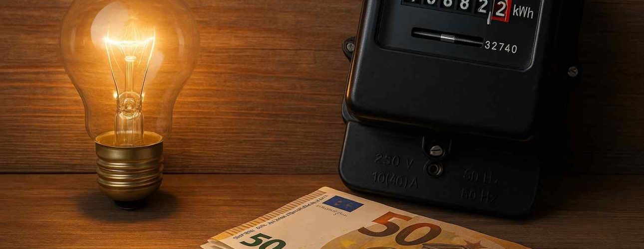 Stilleven met gloeilamp, elektriciteitsmeter en eurobiljetten op een houten ondergrond. Warm licht benadrukt de kosten van energie.