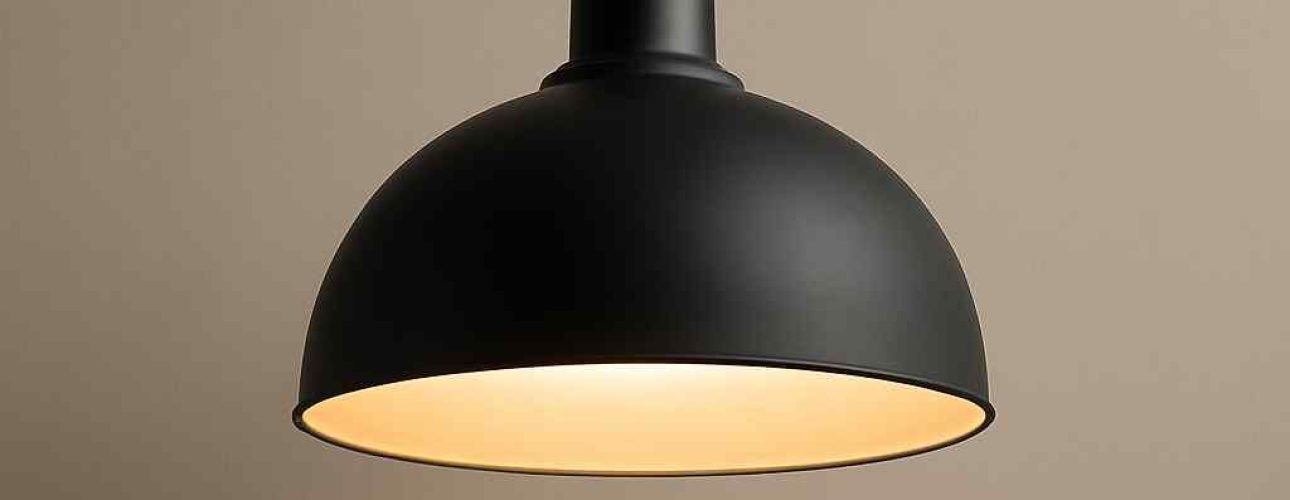 Zwarte hanglamp van metaal, hangend aan een zwart snoer. Warm, zacht licht schijnt naar beneden. Design lamp voor de woonkamer.