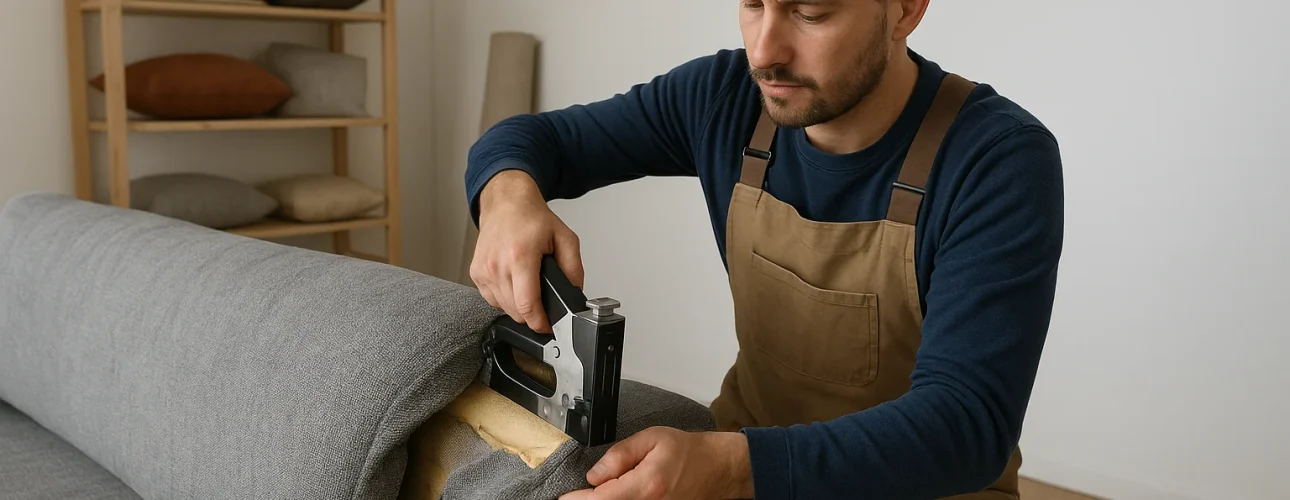 Een man in een schort gebruikt een nietpistool om stof te bevestigen op een grijze bank, terwijl hij de bank herstoffeert in een kamer met een houten plank en gestapelde kussens - misschien om te bespreken wat het verschil is tussen een salontafel en een bijzettafel.