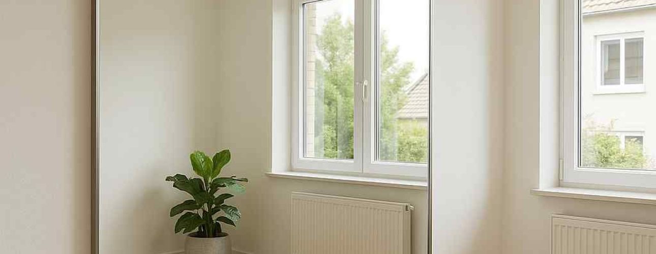 Grote op maat gemaakte spiegel aan de muur, reflecterend lichte houten vloer, plant en raam in een witte kamer met natuurlijk licht.