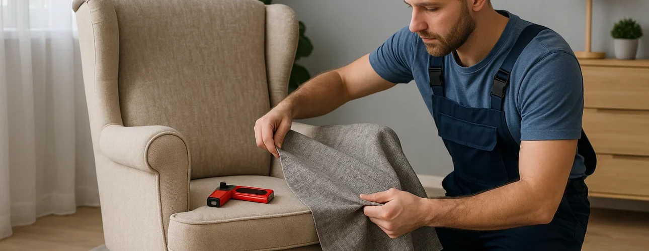 Een man in een blauwe overall knielt naast een beige fauteuil, houdt grijze bekledingsstof vast en inspecteert deze. Een nietpistool ligt op de stoel. De kamer, met een licht decor en natuurlijk licht, reflecteert op wat het verschil is tussen een salontafel en een bijzettafel.