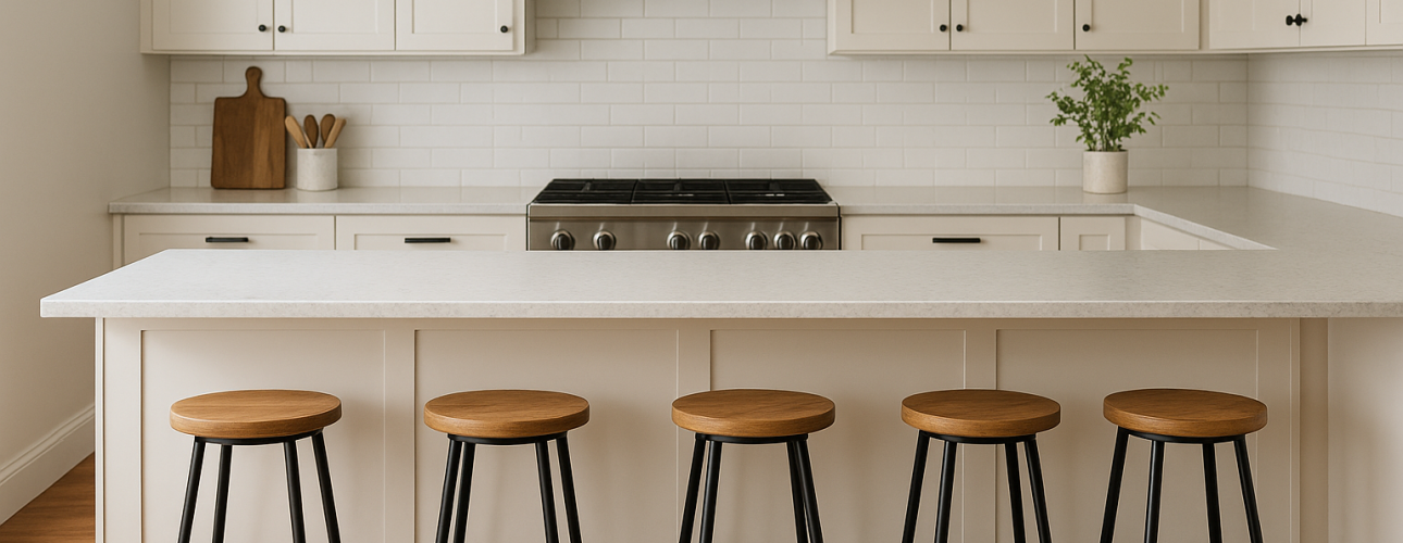 Een moderne keuken heeft een wit eiland met vijf houten krukken, witte kasten, een roestvrijstalen fornuis, twee hanglampen en een minimale inrichting met onder andere een plant en snijplanken. Hoeveel krukken staan er bij het eiland?.