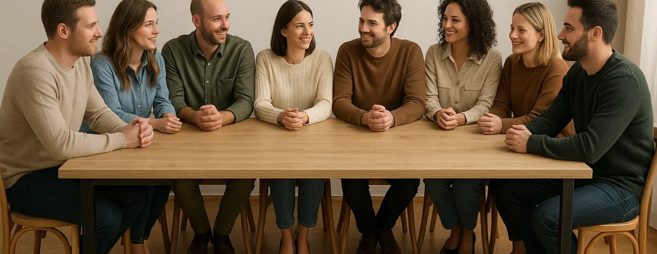 Acht mensen zitten rond een rechthoekige houten tafel, glimlachen en kijken naar elkaar. Vraag je je af "hoeveel mensen kunnen aan een tafel van 240 cm"? Deze warme, informele omgeving met neutrale kleuren en houten vloeren geeft je het antwoord - acht mensen passen er comfortabel aan.