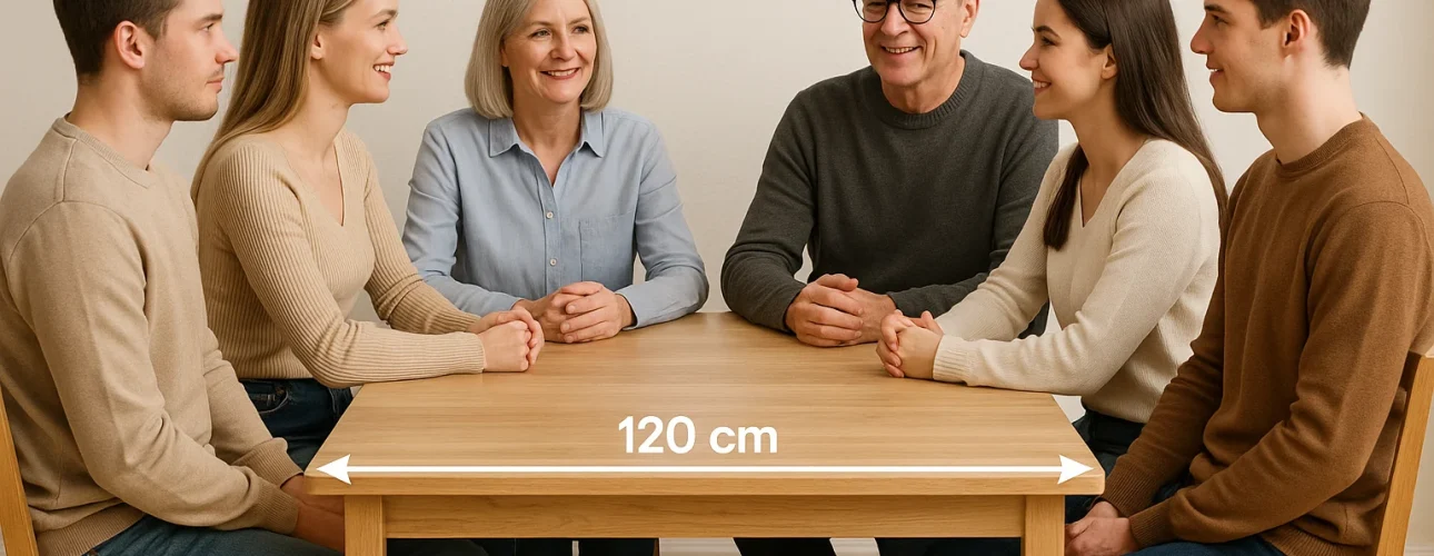 Zes mensen, drie mannen en drie vrouwen, zitten rond een houten tafel in een lichte ruimte. Een pijl op de tafel geeft aan dat deze 120 cm breed is. Wil je weten: hoeveel mensen kunnen er aan een tafel van 120 cm?.