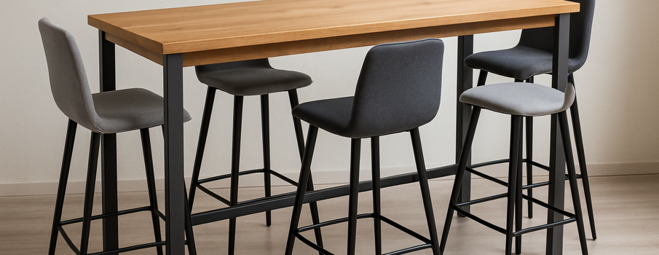 Een moderne houten hoge tafel met een lichtbruin oppervlak en zwarte metalen poten, waar vijf personen kunnen zitten op barkrukken die zijn bekleed in grijstinten en zwart, dit alles op een lichtgekleurde vloer tegen een effen witte muur.