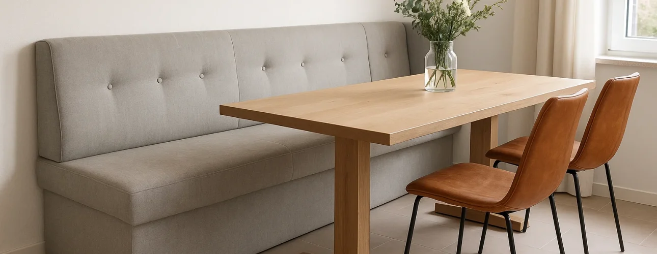 Een minimalistische eethoek met een lichthouten tafel, twee bruine stoelen en een lichtgrijs gestoffeerde bank. Net als wat het verschil is tussen een salontafel en een bijzettafel, dient elk stuk hier een duidelijk doel in de serene omgeving.