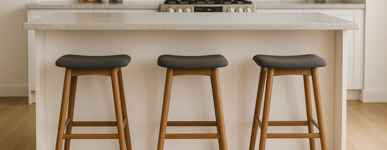 Een moderne keuken met een wit eiland, drie houten krukjes met donkere kussens, een lichthouten vloer en een witte tegelachterwand. Keukengerei en een plant staan op het aanrecht op de achtergrond - hoeveel ruimte heb je nodig voor jouw droomopstelling?.