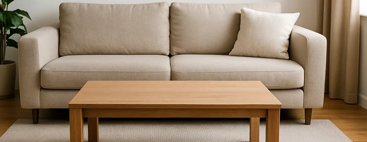 Een beige bank met drie zitkussens en één kussen staat achter een lichte houten salontafel - perfect voor wie zich afvraagt: hoeveel ruimte moet er tussen mijn zetel en tafel? De opstelling rust op een neutraal vloerkleed in een minimalistische woonkamer met een hoekplant.