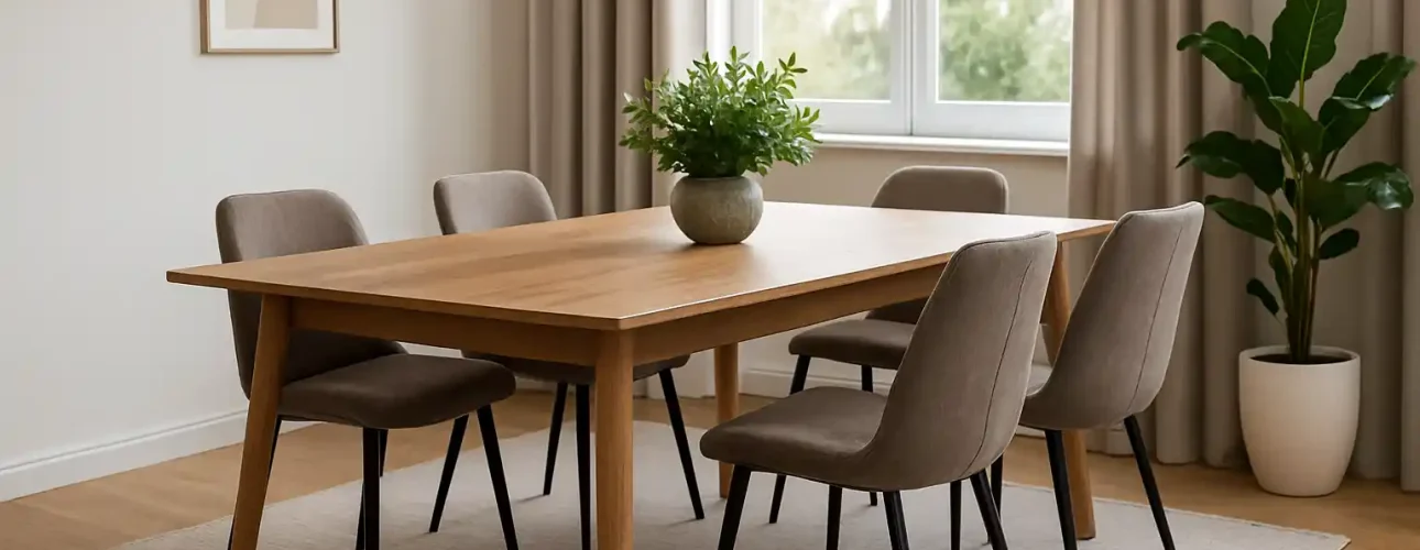 Een moderne eetkamer met een houten tafel - perfect voor wie zich afvraagt hoeveel ruimte een eettafel neemt - zes gestoffeerde stoelen, een middenstuk van potplanten, lichte gordijnen, een groot raam, ingelijste muurkunst en een hoge potplant op een licht vloerkleed.