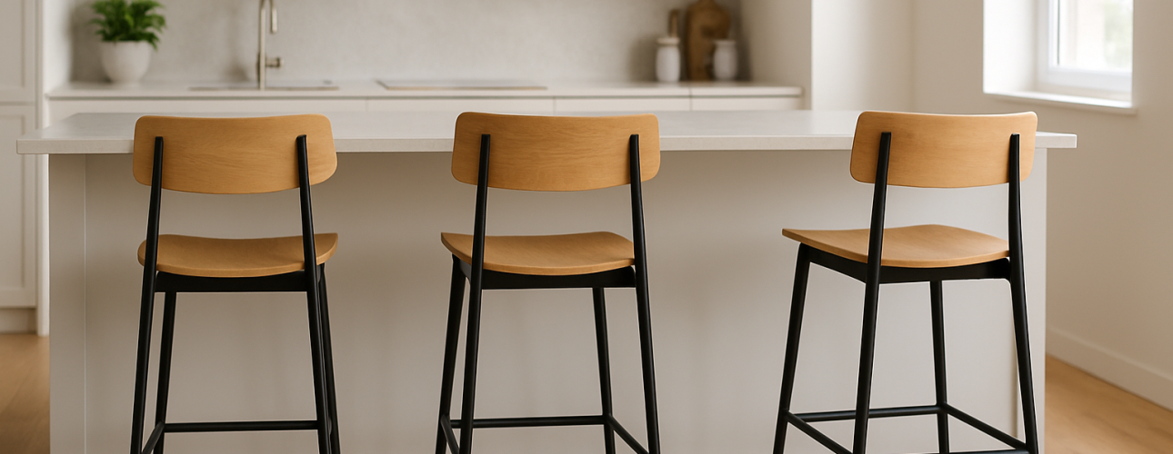 Drie houten barkrukken met zwarte metalen poten staan op een rij bij een wit keukeneiland, en laten duidelijk zien hoeveel ruimte je nodig hebt tussen elke stoel in deze lichte, moderne keuken met lichte houten vloeren en witte kasten.