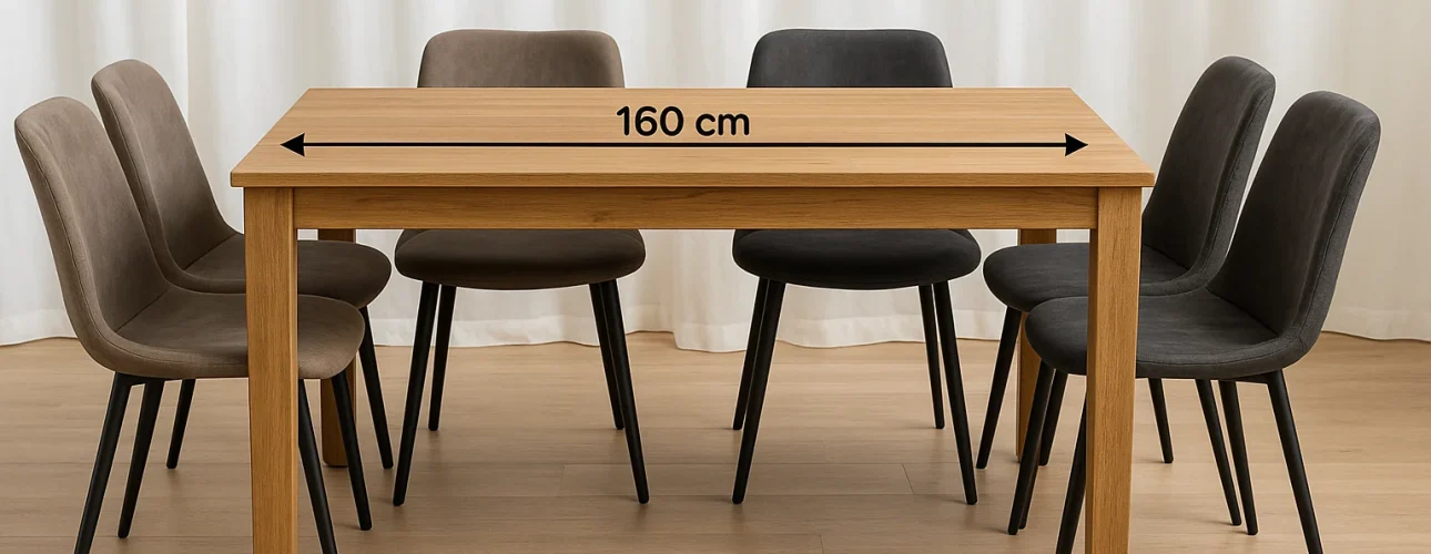 Een houten eettafel met zes stoelen - twee bruine aan elk uiteinde, twee zwarte aan elke kant - toont zijn lengte als 160 cm met een pijl met dubbele kop. Vraag je je af hoeveel stoelen er passen aan een tafel van 160 cm? Hier passen er comfortabel zes. Witte gordijnen op de achtergrond.