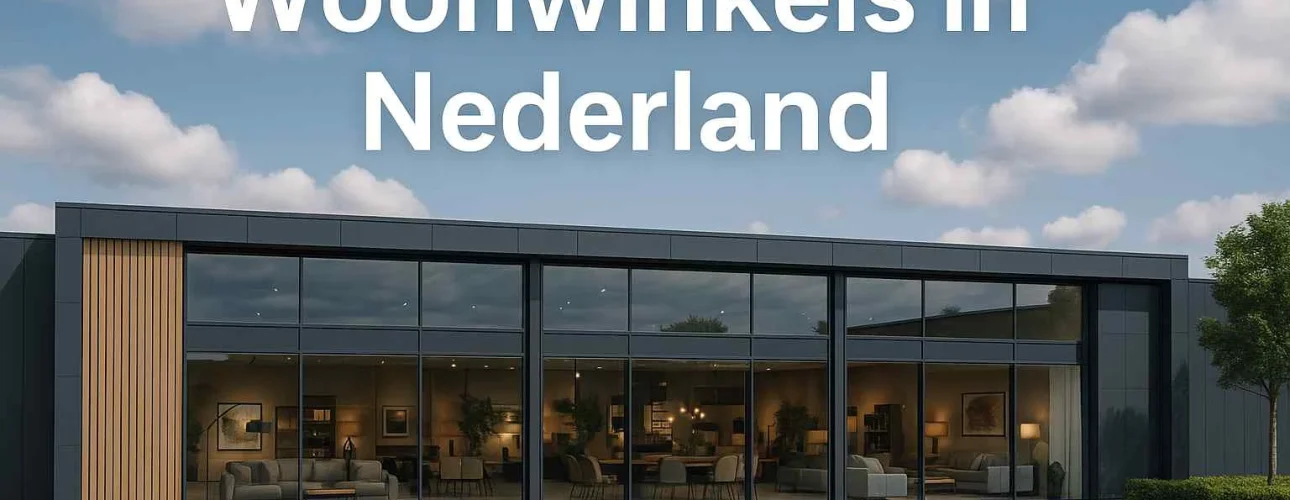 Exterieur van een woonwinkel in Nederland met grote ramen. Interieur met stoelen en banken is zichtbaar. Blauwe lucht met wolken erboven.