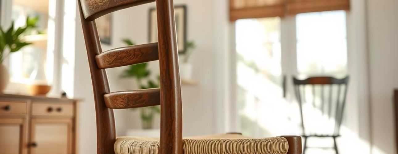 Houten eetkamerstoel met rieten zitting in een lichte eetkamer