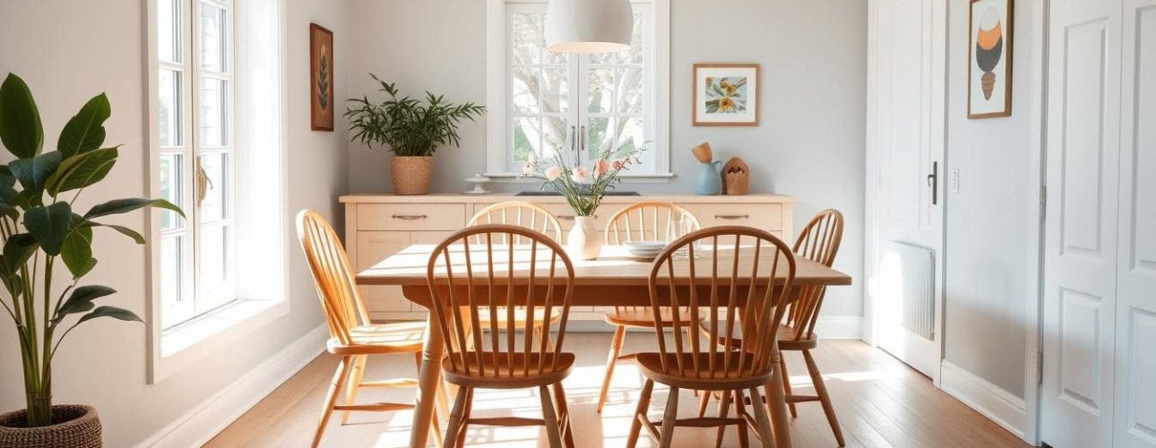 Houten eetkamerstoelen met spijlen in een lichte eetkamer