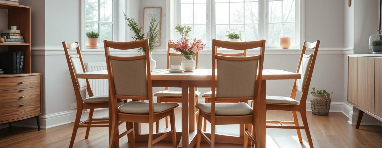 Houten eetkamerstoelen met stoffen zitting in een lichte eetkamer