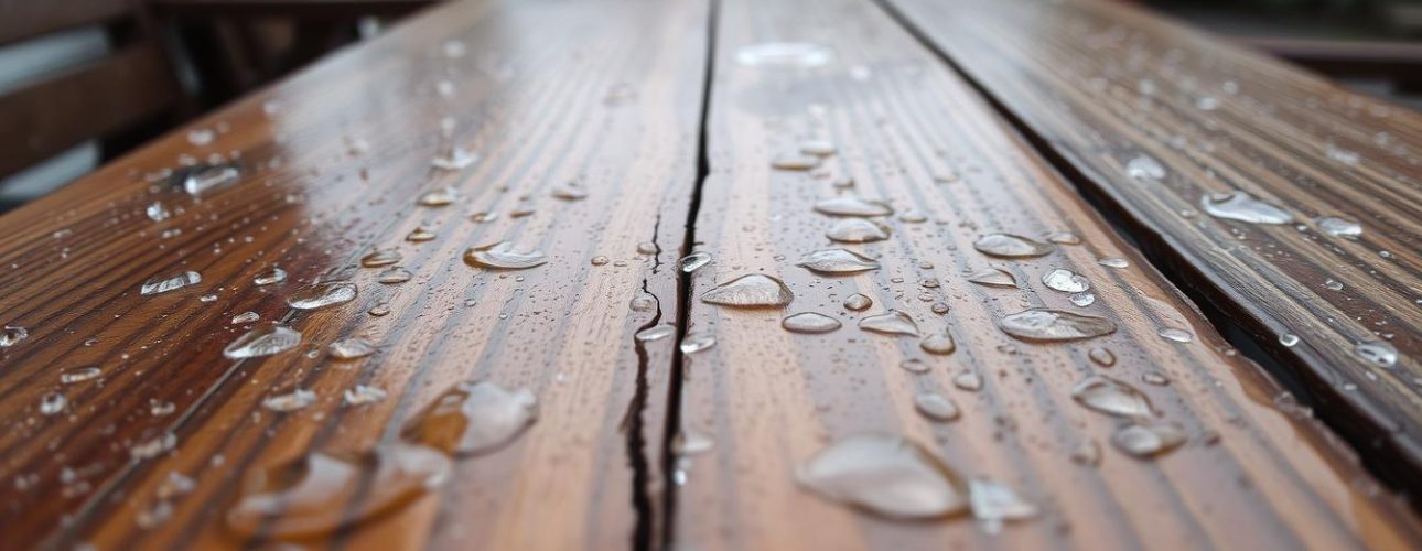 Houten tafel in de regen met waterdruppels op het oppervlak