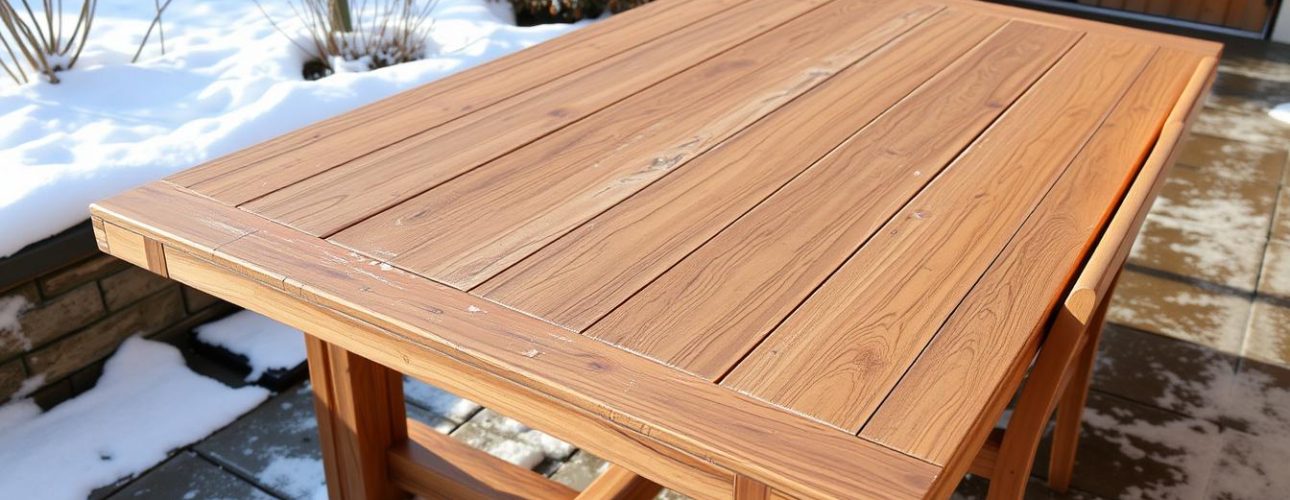 Houten tuintafel buiten in winterse omstandigheden met sneeuw